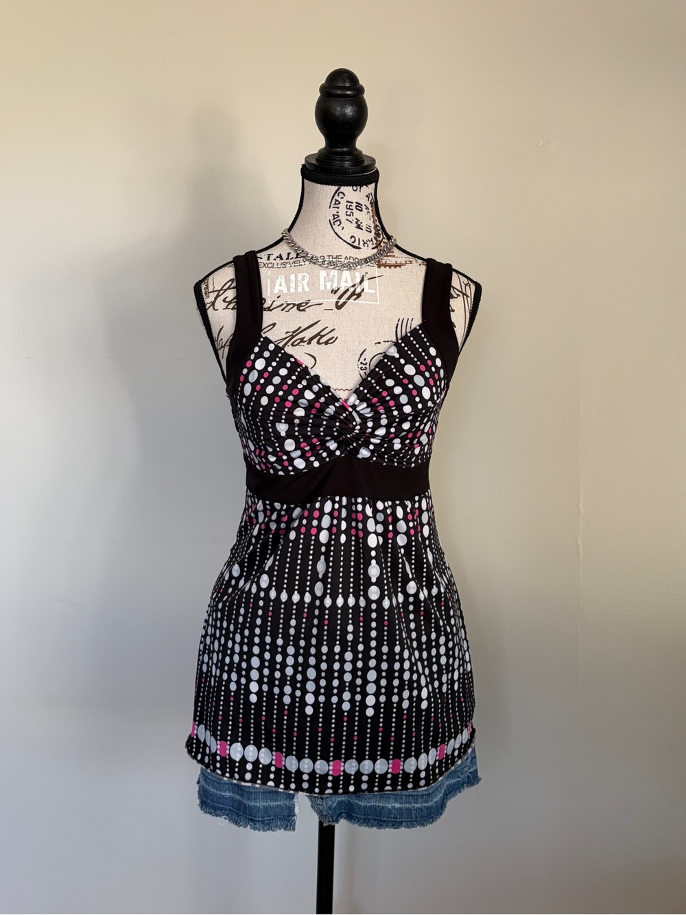 Y2K Black Pink Polka Dot Tie Back Baby Doll Sweetheart Top - Picture 1 of 9